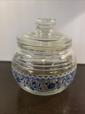 Clear Glass Jar with Blue Floral and Yellow Trim